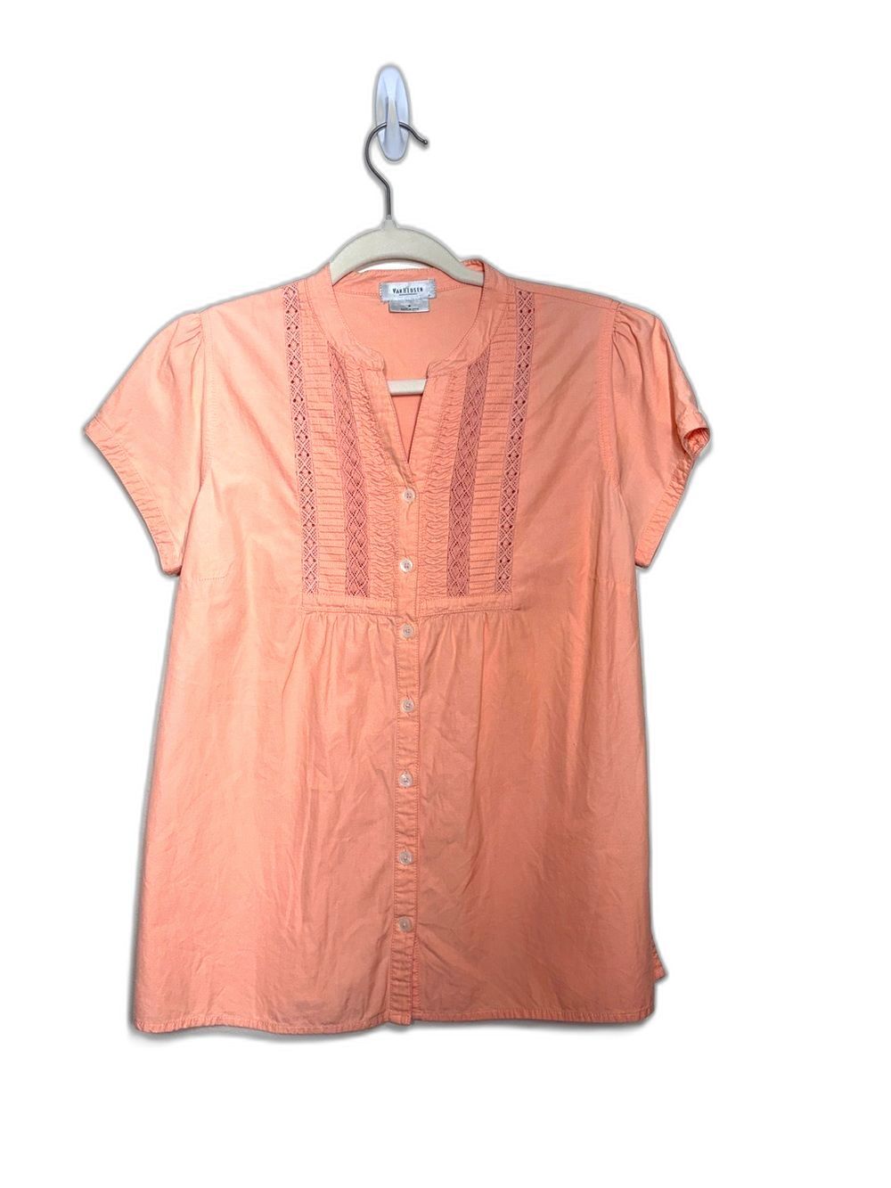 Van Heusen Pintuck Crochet Trim Short Sleeve Button Front Top - Size M